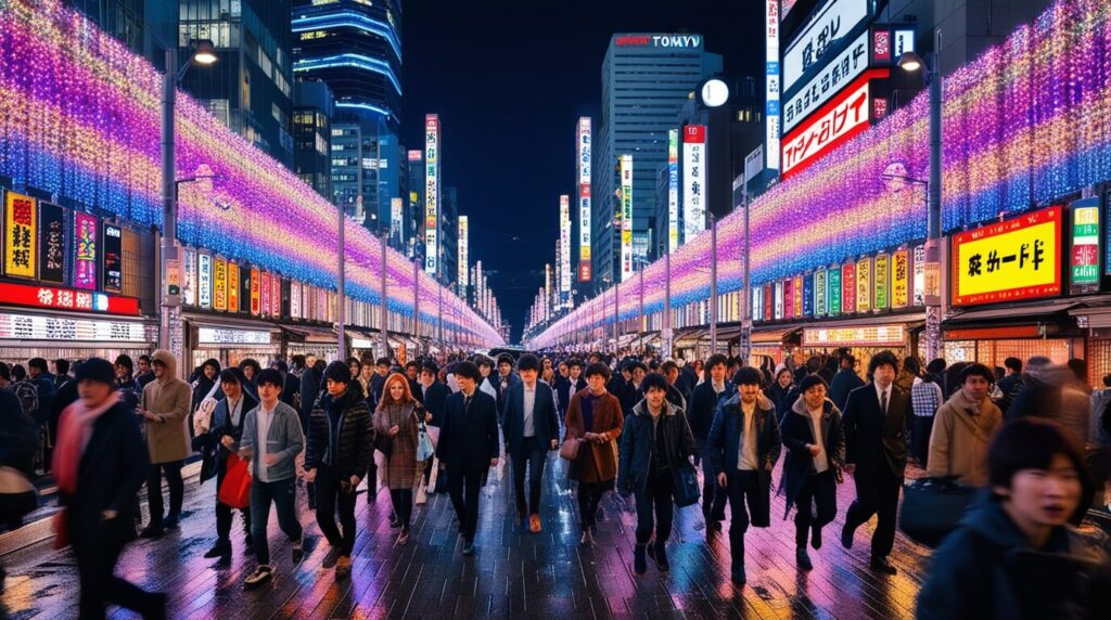 Rua de Shinjuku em Tóquio à noite, com letreiros coloridos e movimento animado.