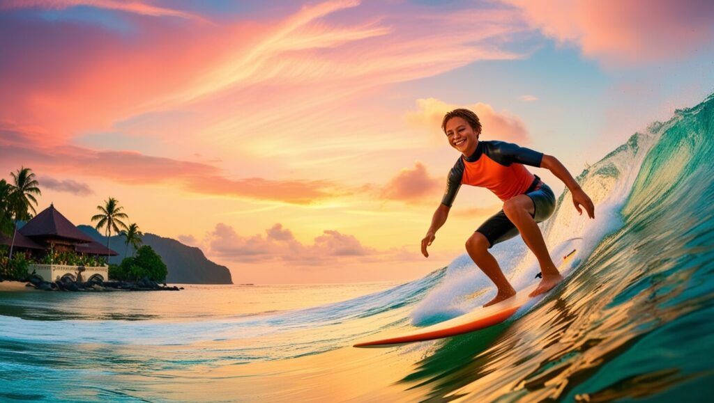 Surfista pegando uma onda ao pôr do sol em Bali, Indonésia, com o céu colorido e um centro de retiro ao fundo na costa.