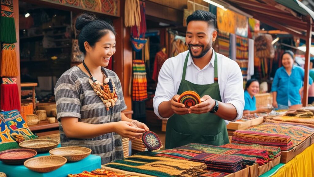 Viajante comprando artesanato de um vendedor local em um mercado tradicional com produtos culturais vibrantes.