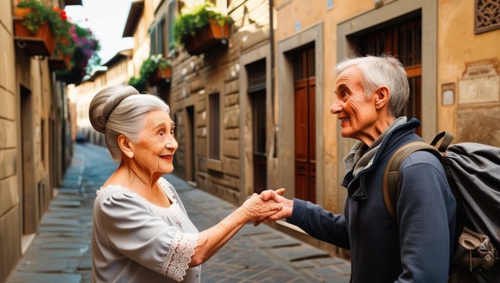 Viela de Florença com uma senhora idosa interagindo com um visitante, simbolizando a conexão com o passado.