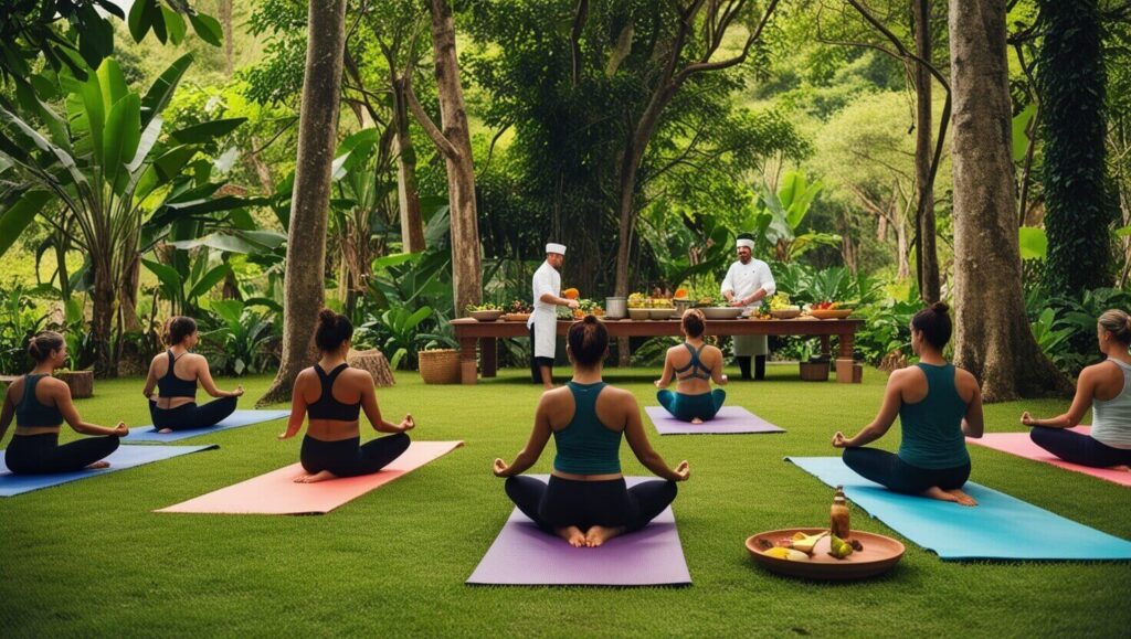 Yoga em uma floresta verde, com chef preparando refeição saudável ao fundo.